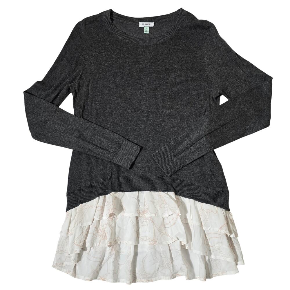 Susina Nordstrom Women Medium Sweater Gray Thin Knit Layered Ruffle Blouse Trim